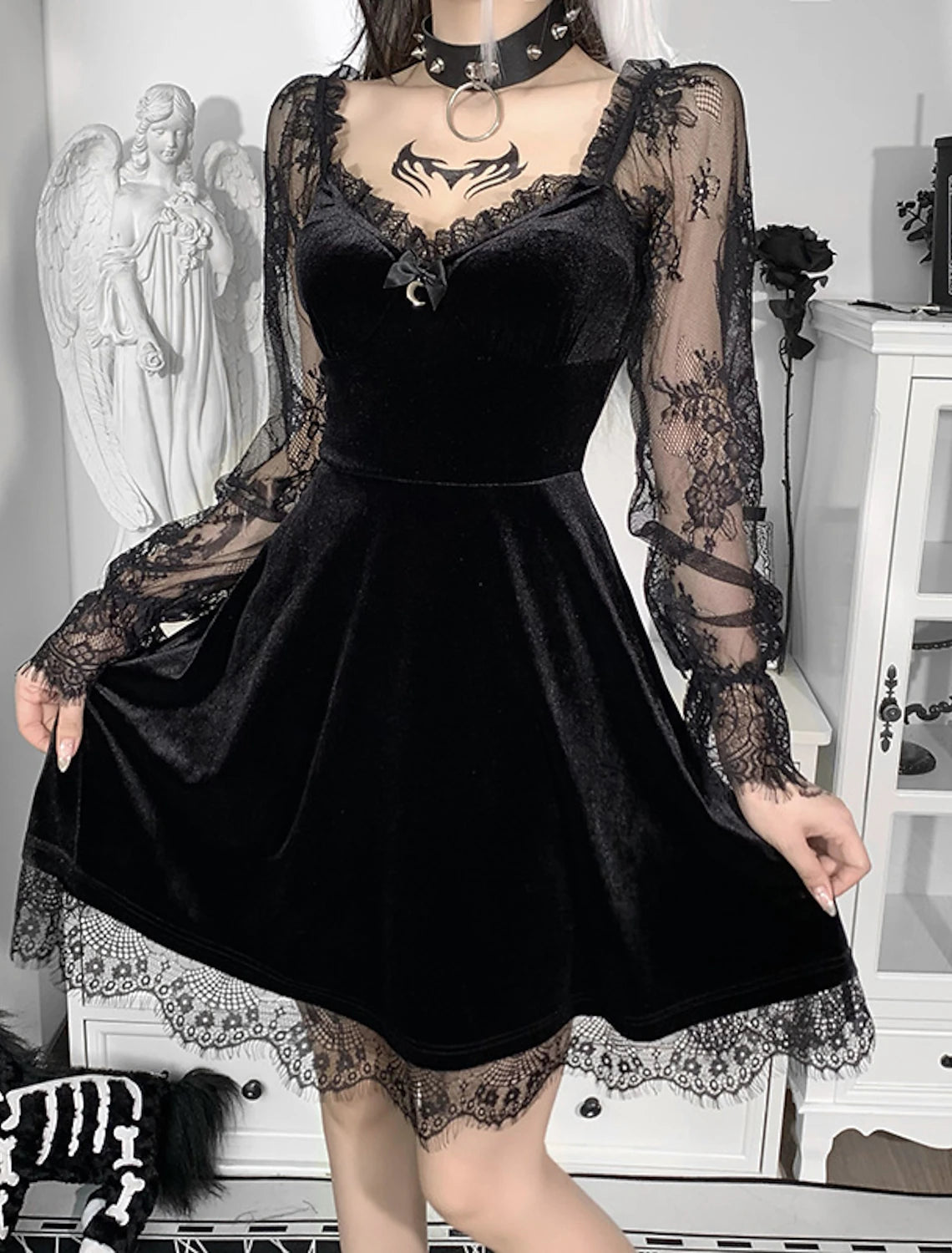 Wholesale A-Line Party Dresses Vintage Dress Halloween Party Wear Short / Mini Long Sleeve Scoop Neck Polyester with Appliques